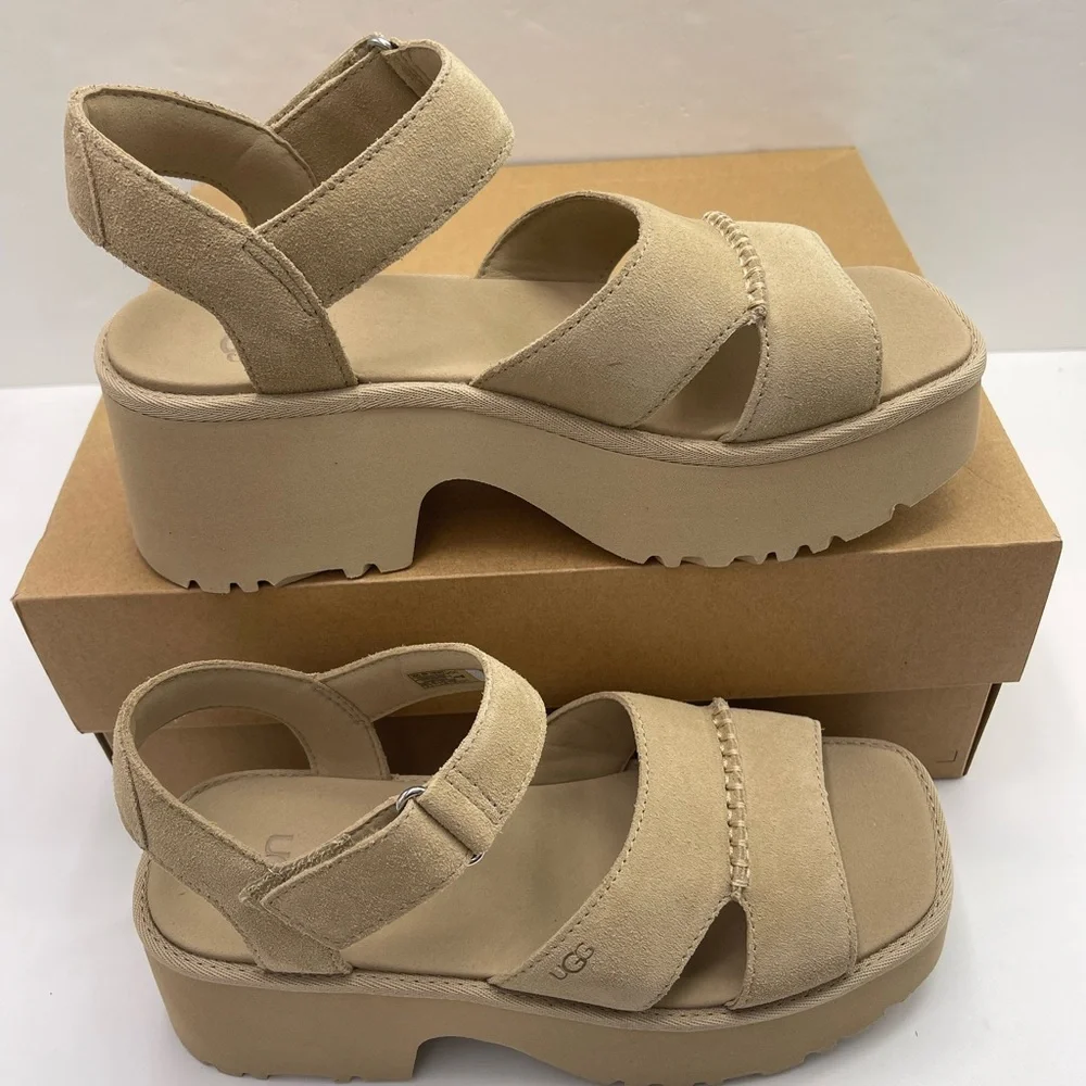 UGG NEW HEIGHTS ANKLE STRAP W9 PLATFORM HEELED SANDALS Beige MDSD Mustard Seed